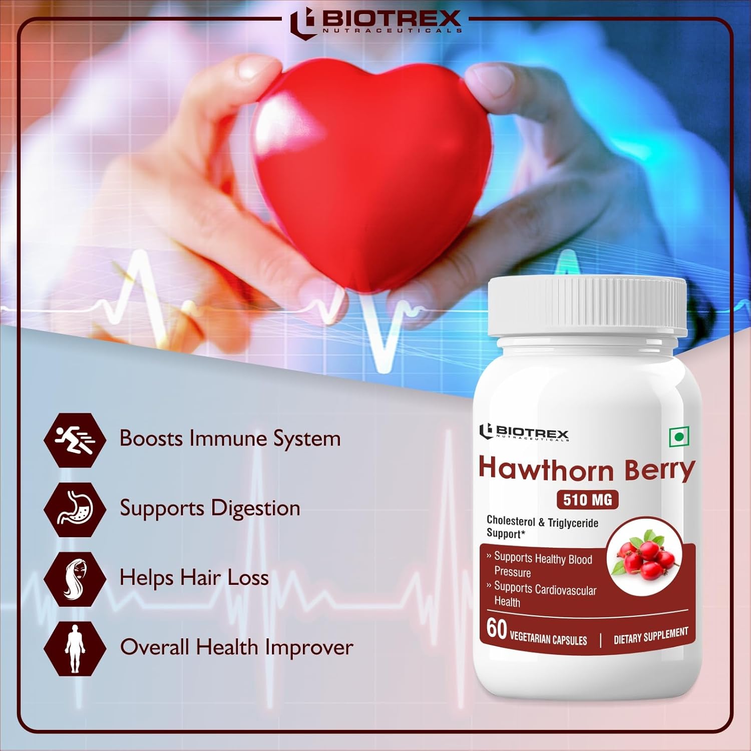 Biotrex Hawthorn Berry 510Mg Veg Capsules - Swadesiicart