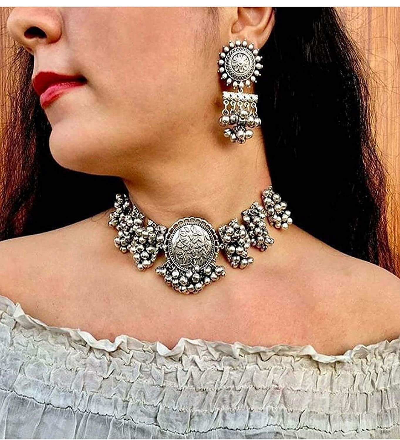 Silver-Plated Alloy Designer Round Motif Oxidised Necklace - The Pari | Swadesiicart
