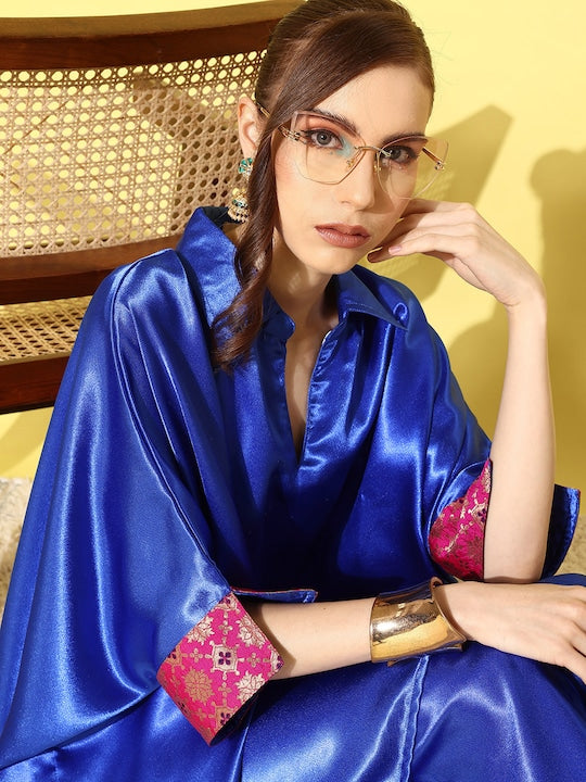 InWeave Women's Blue Pink Brocade Satin Boho Kurta Palazzo Set - Swadesiicart