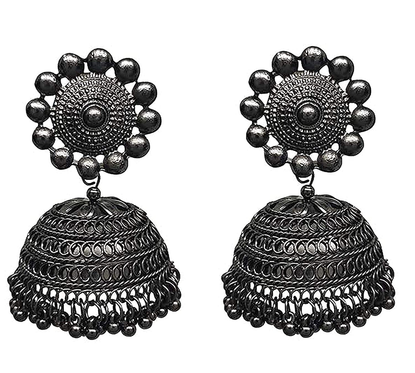 Rhodium-Plated Alloy Black Metallic Jhumki Earrings - The Pari - The Pari - Dinesh Associates