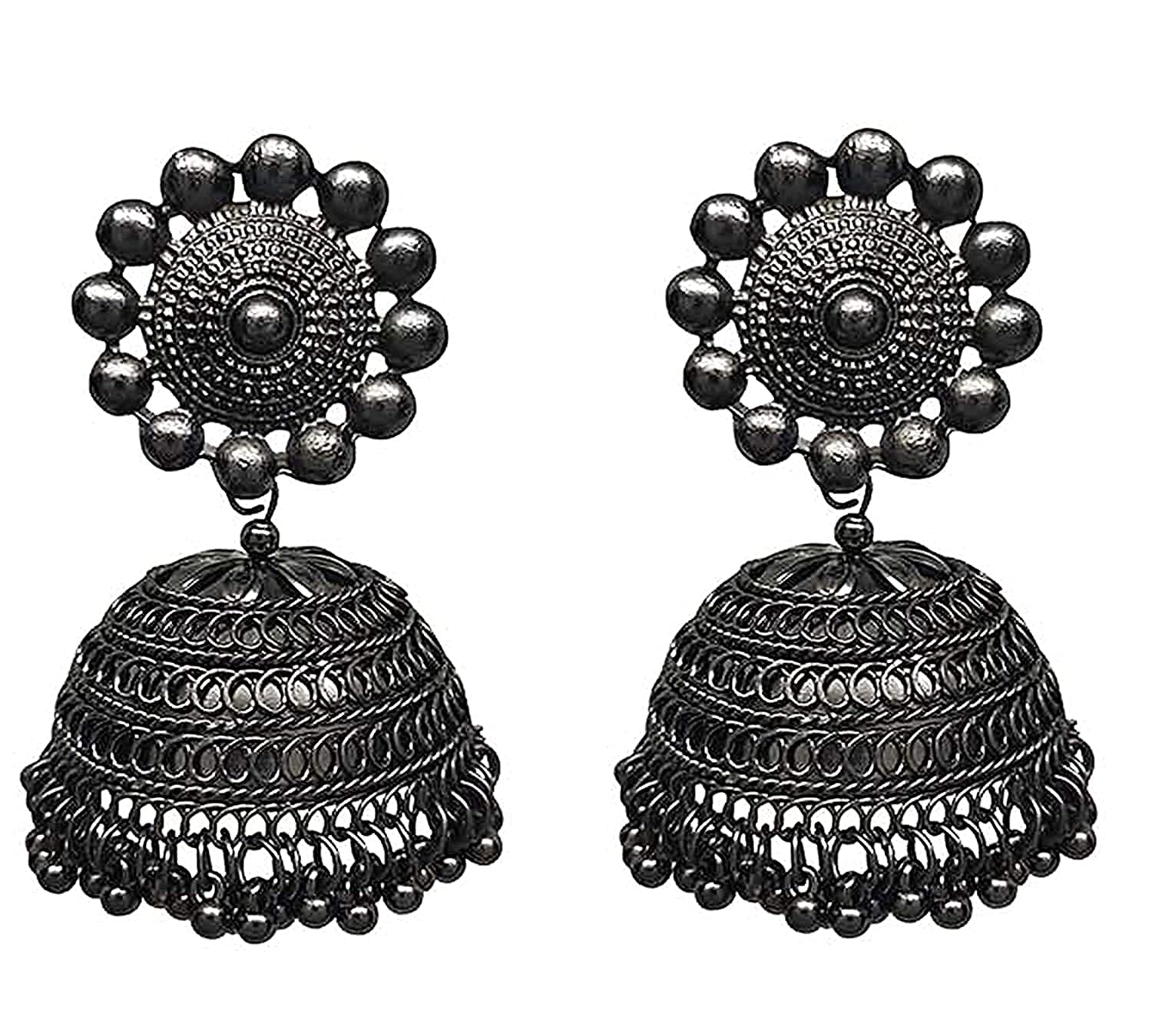 Rhodium-Plated Alloy Black Metallic Jhumki Earrings - The Pari - The Pari - Dinesh Associates
