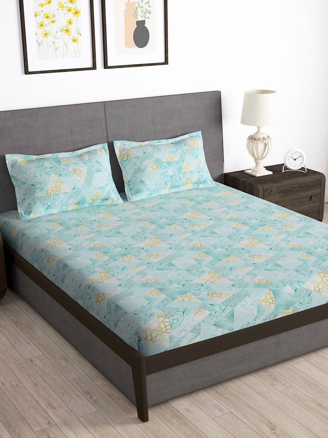 Story@home Blue & Yellow Printed Microfiber 180 TC Bedsheet With Pillow Cover - Swadesiicart