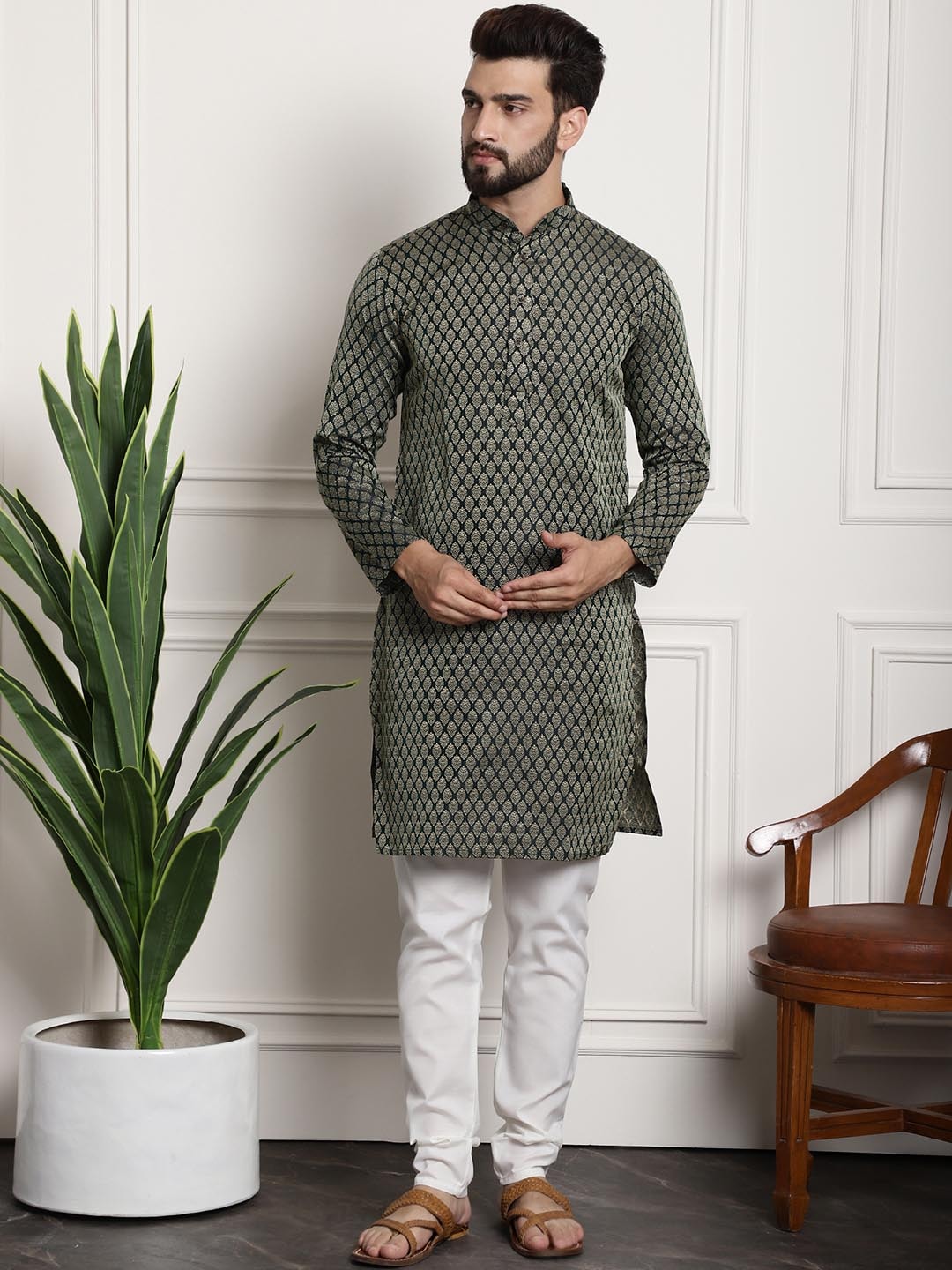 Sojanya Men Green Ethnic Motifs Kurta with Churidar with Nehru Jacket | Swadesiicart