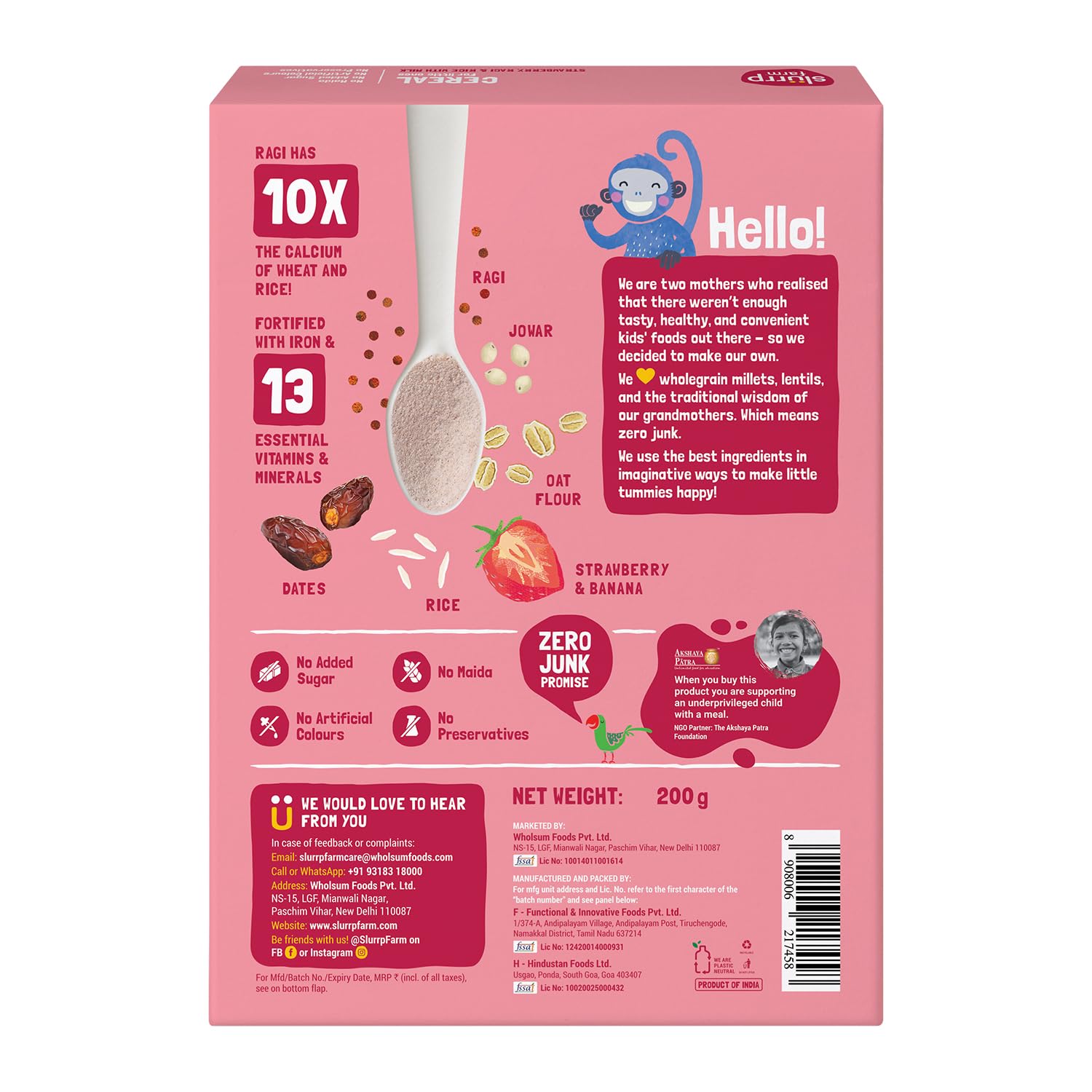 Slurrp Farm Instant Cereal With Ragi, Rice & Strawberry with Milk - Swadesiicart