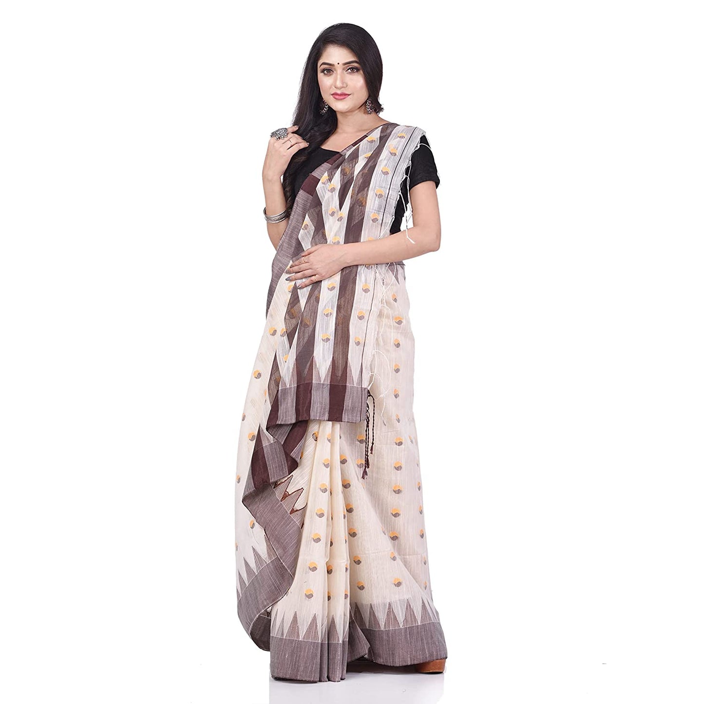 Desh Bidesh Women's Traditional Bengali Handloom Tant Pure Cotton Saree Khadi Bicolor Ball Temple Par Designed With Blouse Piece | Swadesiicart
