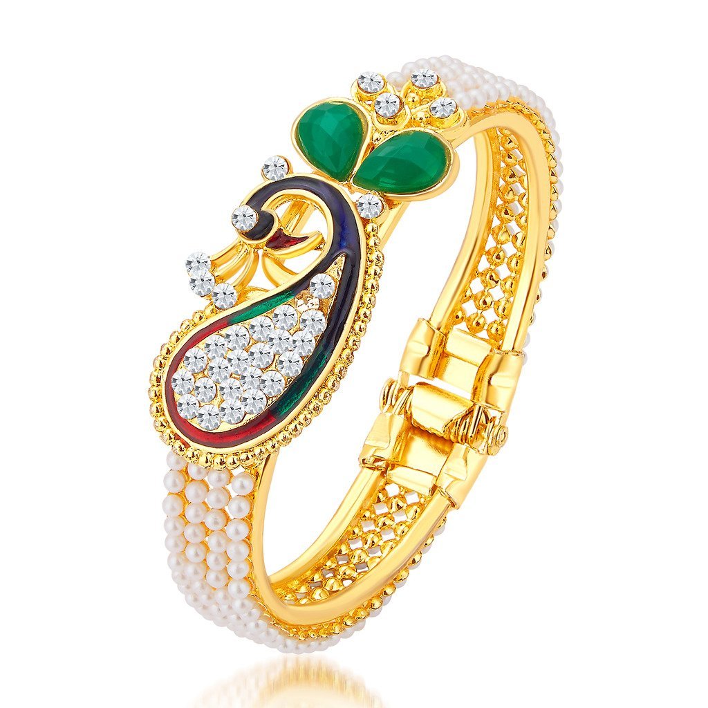 Gold-Polished Alloy Pearl Studded Peacock Enamel Bangle - The Pari - Swadesiicart