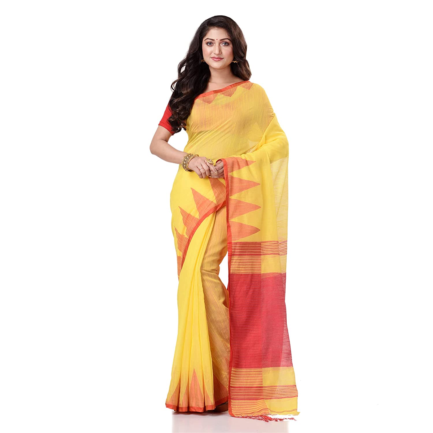 Desh Bidesh Women's Traditional Bengali Handloom Tant Pure Cotton Saree Khadi Temple Par Desigined With Blouse Piece | Swadesiicart