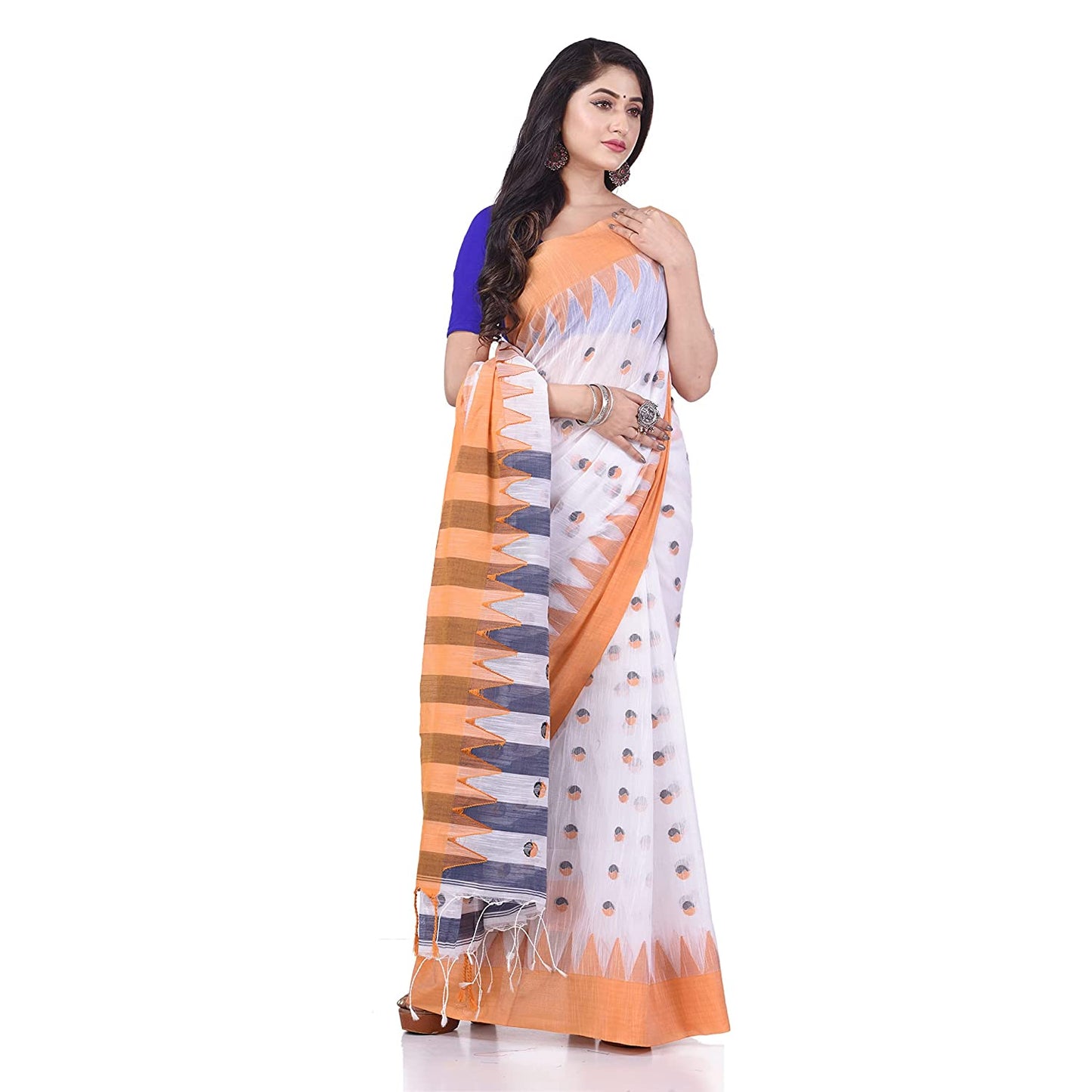 Desh Bidesh Women's Traditional Bengali Handloom Tant Pure Cotton Saree Khadi Bicolor Ball Temple Par Desigined With Blouse Piece | Swadesiicart