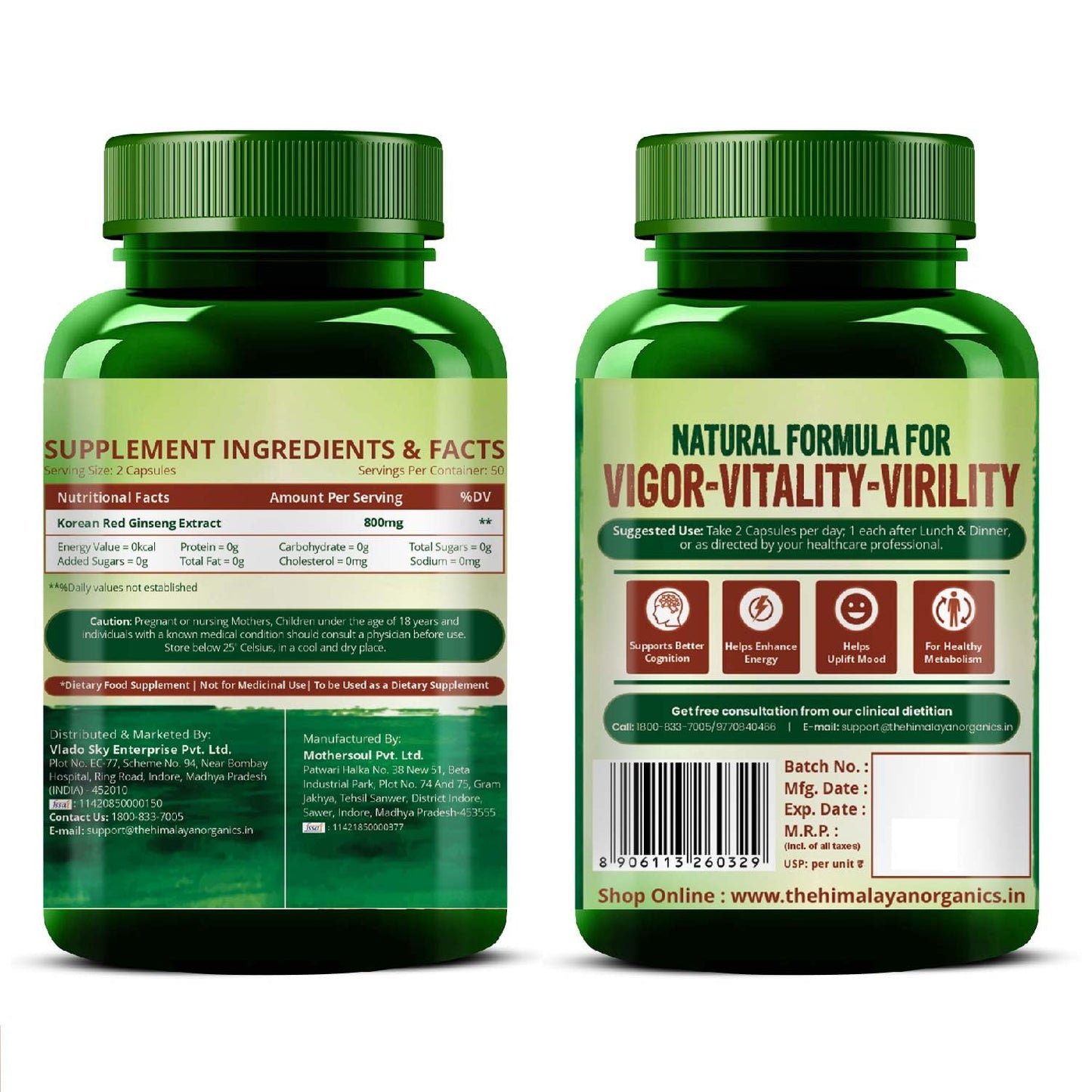 Himalayan Organics Korean Ginseng 800 mg Vegetarian Capsules | Swadesiicart