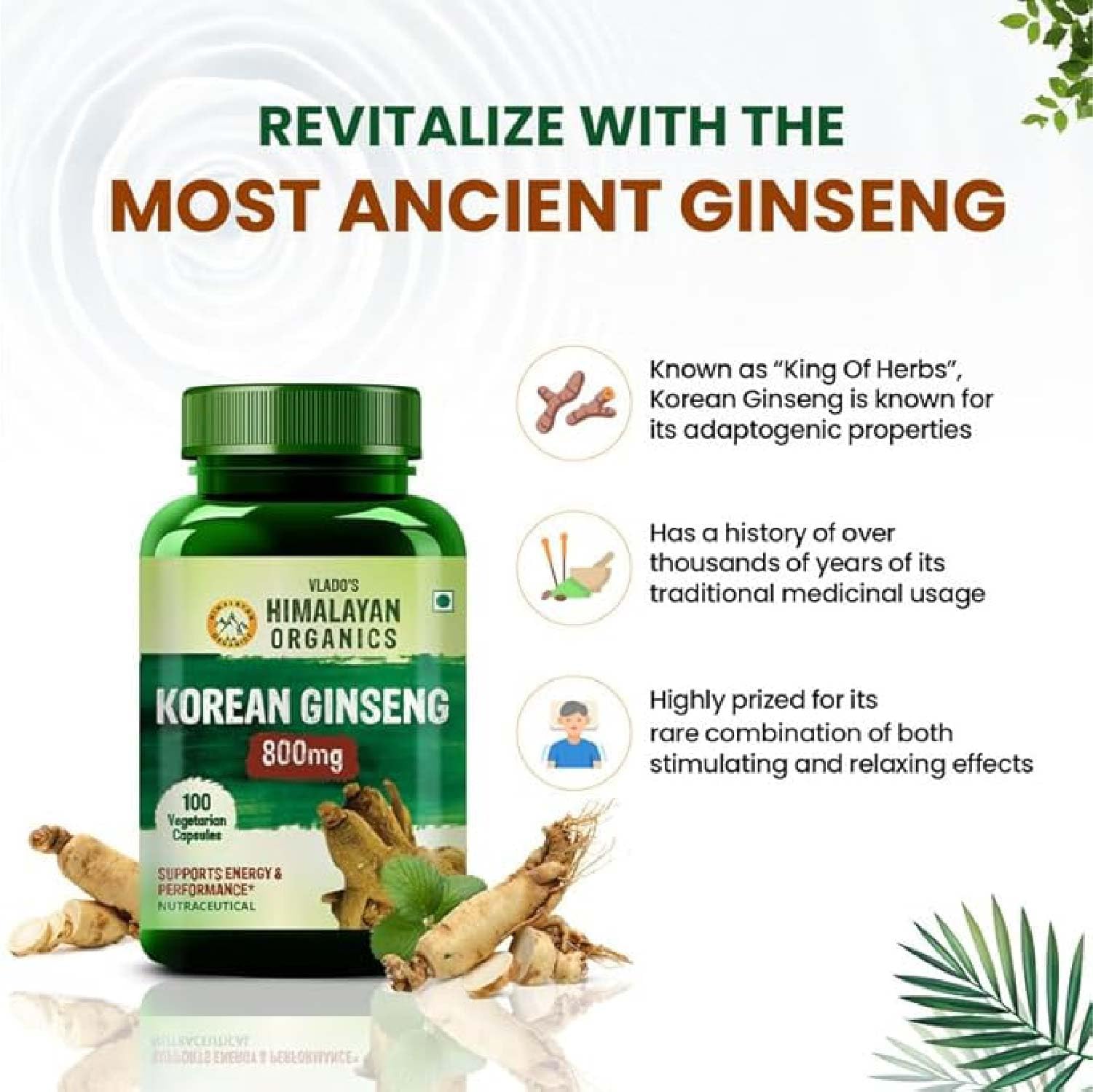 Himalayan Organics Korean Ginseng 800 mg Vegetarian Capsules | Swadesiicart