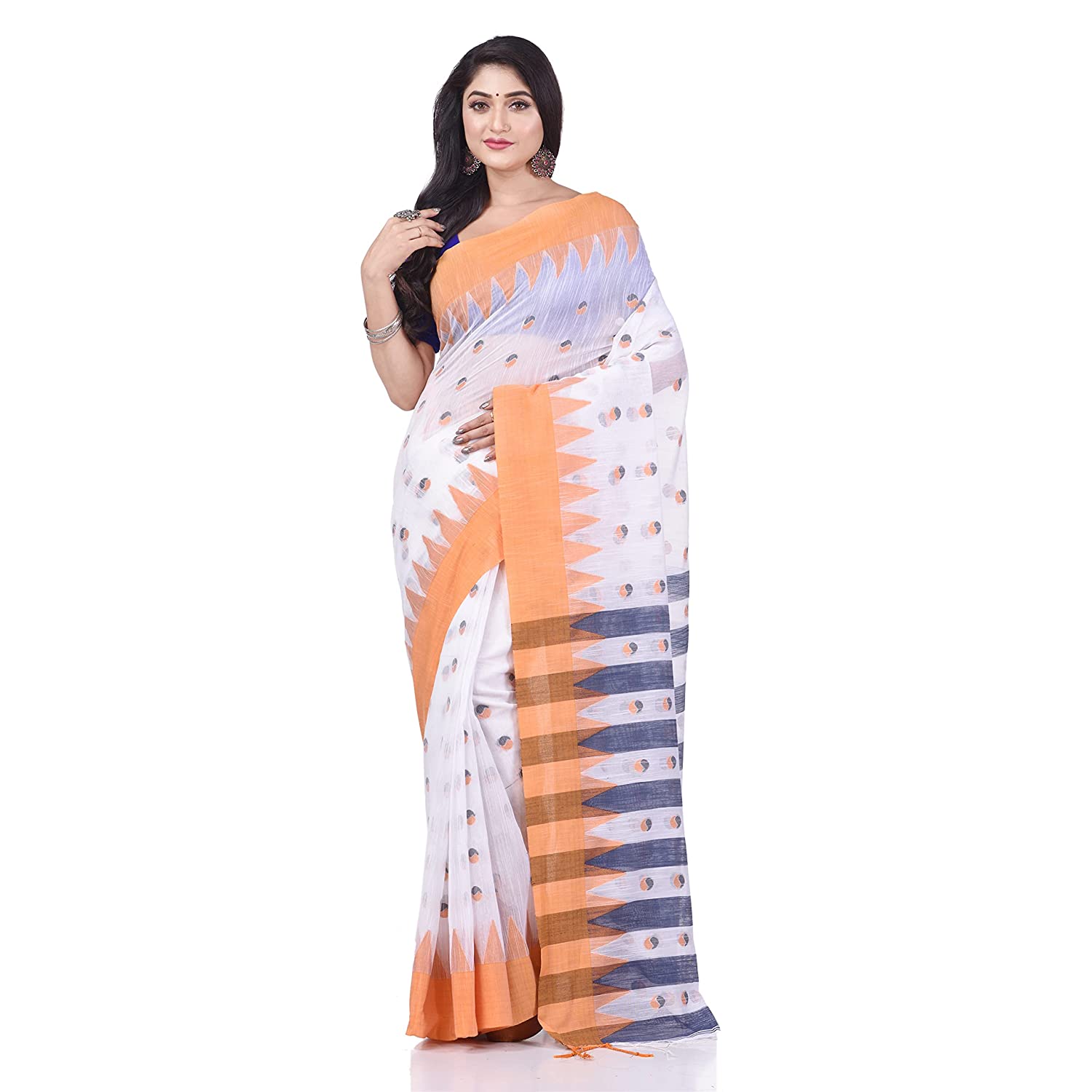 Desh Bidesh Women's Traditional Bengali Handloom Tant Pure Cotton Saree Khadi Bicolor Ball Temple Par Desigined With Blouse Piece | Swadesiicart