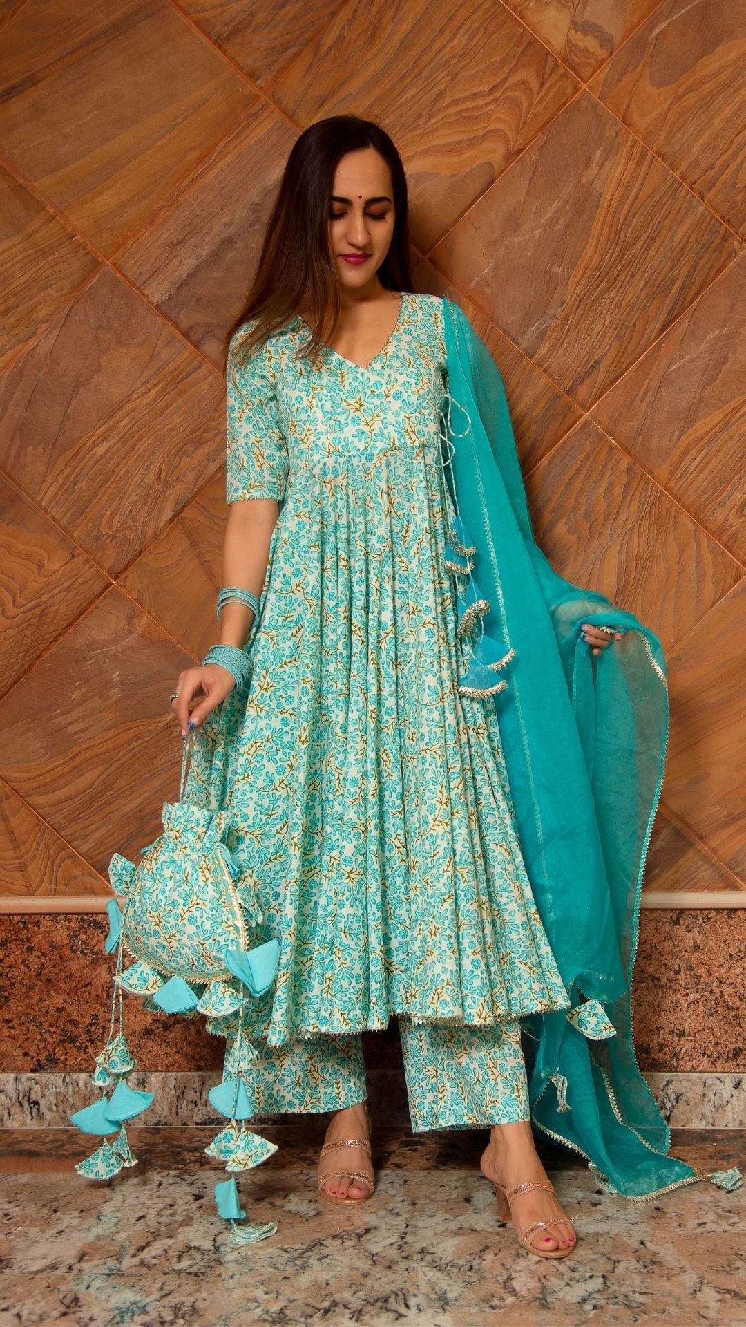 Pomcha Jaipur Noor Blue Cotton Angrakha Set | Swadesiicart