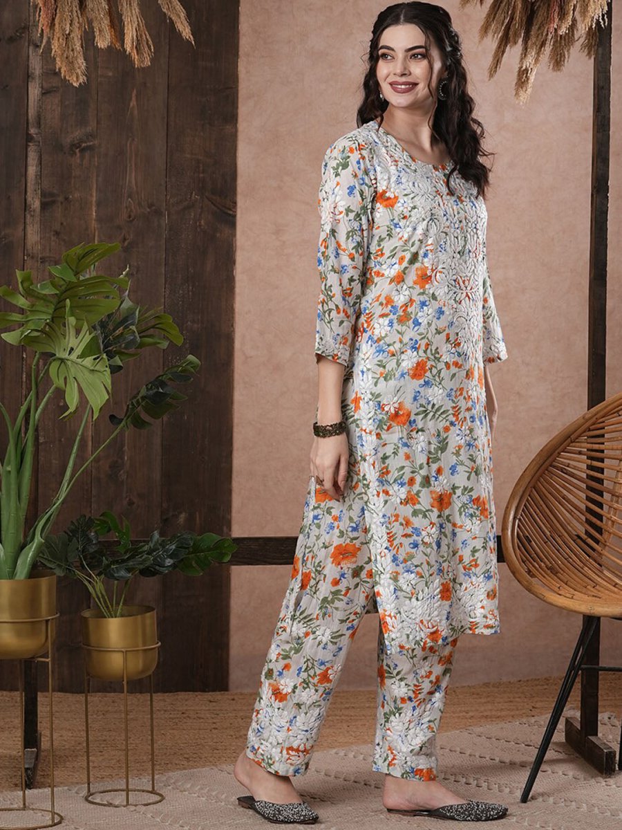 ADA Floral Printed Round Neck Regular Lucknowi Chikankari Kurta with Trousers | Swadesiicart