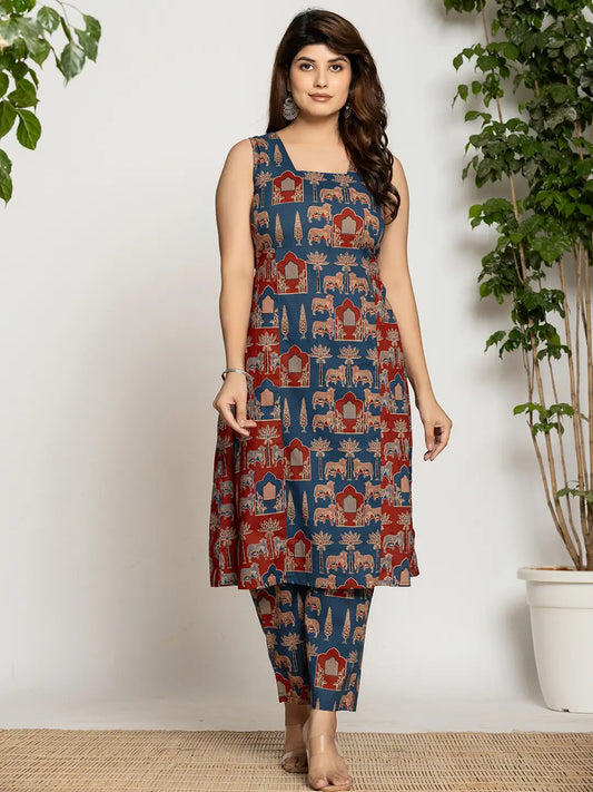 Yufta Cotton A-Line Sleeveless Co-Ord Set - Swadesiicart