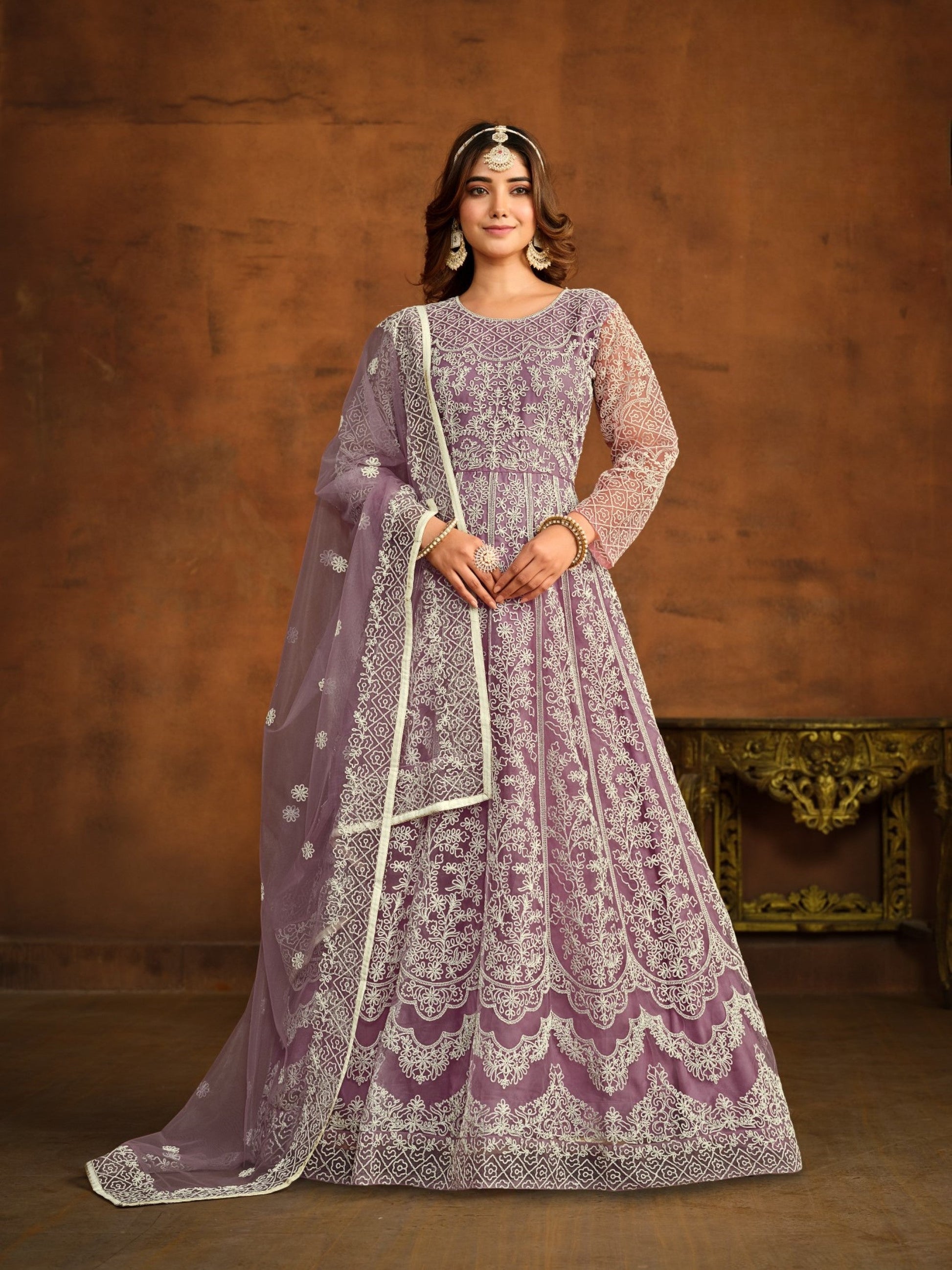 Anaita Lavender Embroidered Net Anarkali Suit