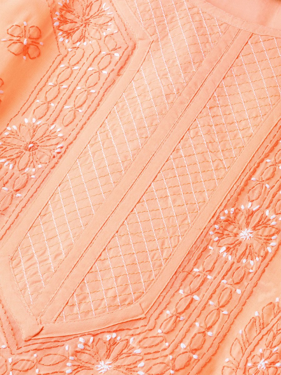 ADA Women Peach-Coloured & White Chikankari Embroidered Sustainable Handloom Kurta with Trousers | Swadesiicart