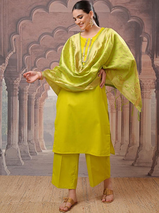 Vishudh Lime Green Gotta Patti Straight Kurta with Palazzo & Dupatta - Swadesiicart
