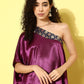 InWeave Women's Wine Navy Brocade Satin Oneshoulder Kurta Set - Swadesiicart