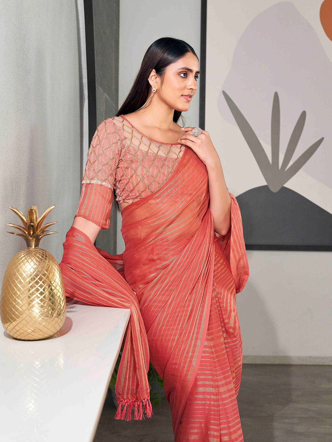 Tikhi Imli Striped Chiffon Ready to Wear Saree | Swadesiicart