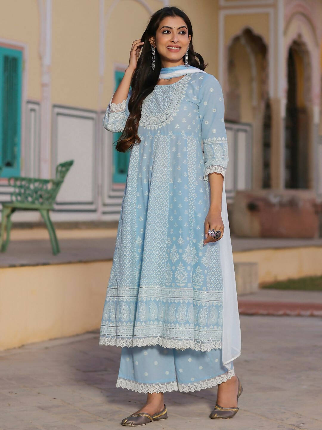 Juniper Women's Powerblue Cambric Floral Printed Anarkali Kurta Sets | Swadesiicart