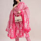 Aavyora Women's Pink Floral Cotton Kurta with Lace Detailing, with Trouser & Dupatta