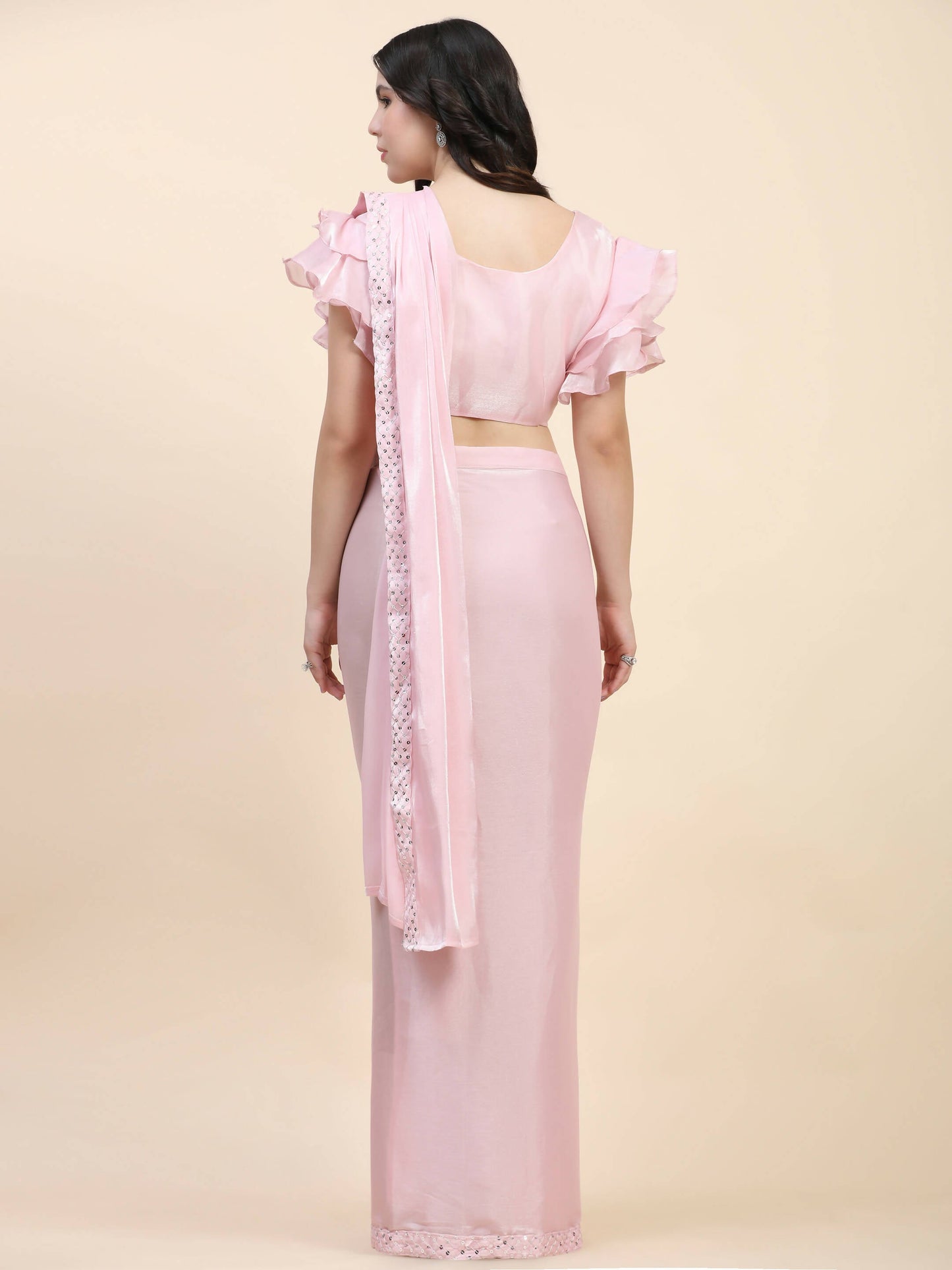 Pink Silk Satin Sequence Work Ready to Wear Saree with stitched Blouse - Nirvana | Swadesiicart