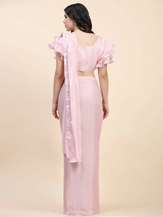 Pink Silk Satin Sequence Work Ready to Wear Saree with stitched Blouse - Nirvana | Swadesiicart