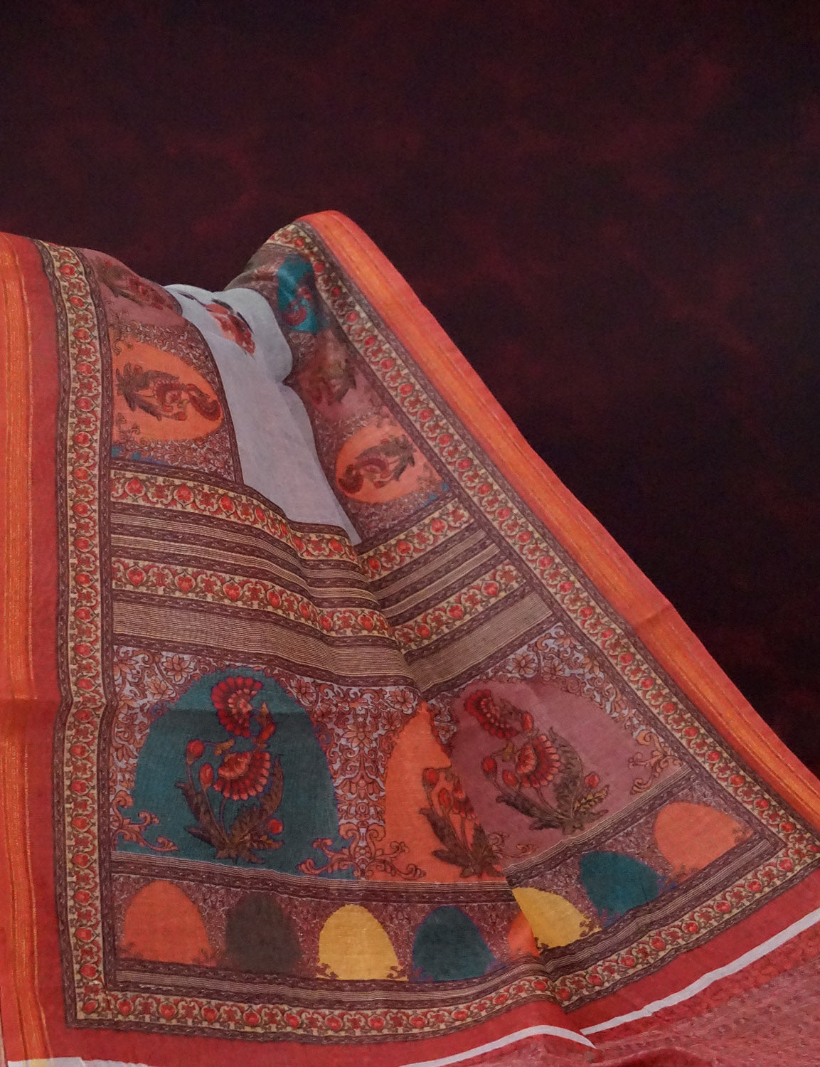 Mix of Grey and Orange Floral Print Semi Chanderi Saree By Gayathri Reddy Designer Studio | Swadesiicart