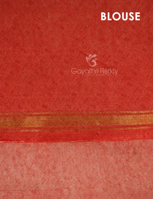 Shades of Light Apple Green And Orange Colour Blouse Ikat Design Semi Chanderi Saree By Gayathri Reddy Designer Studio | Swadesiicart
