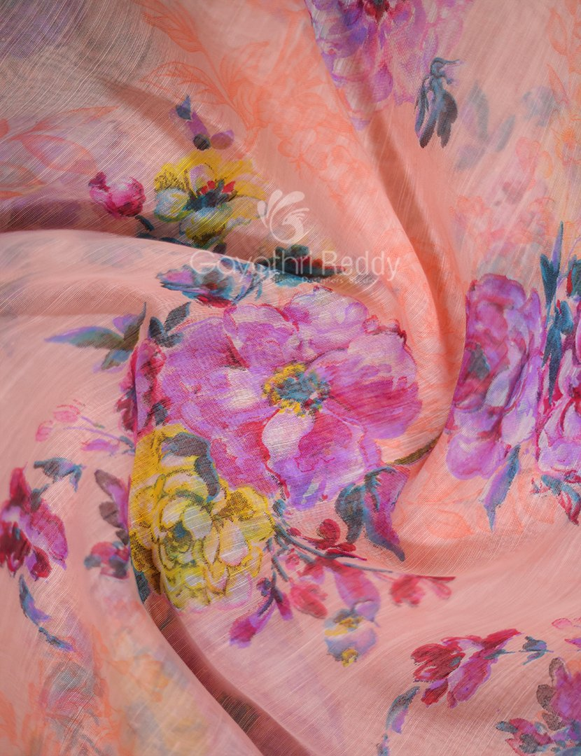Shades of Light Peach With Floral Print Semi Chanderi Saree By Gayathri Reddy Designer Studio | Swadesiicart