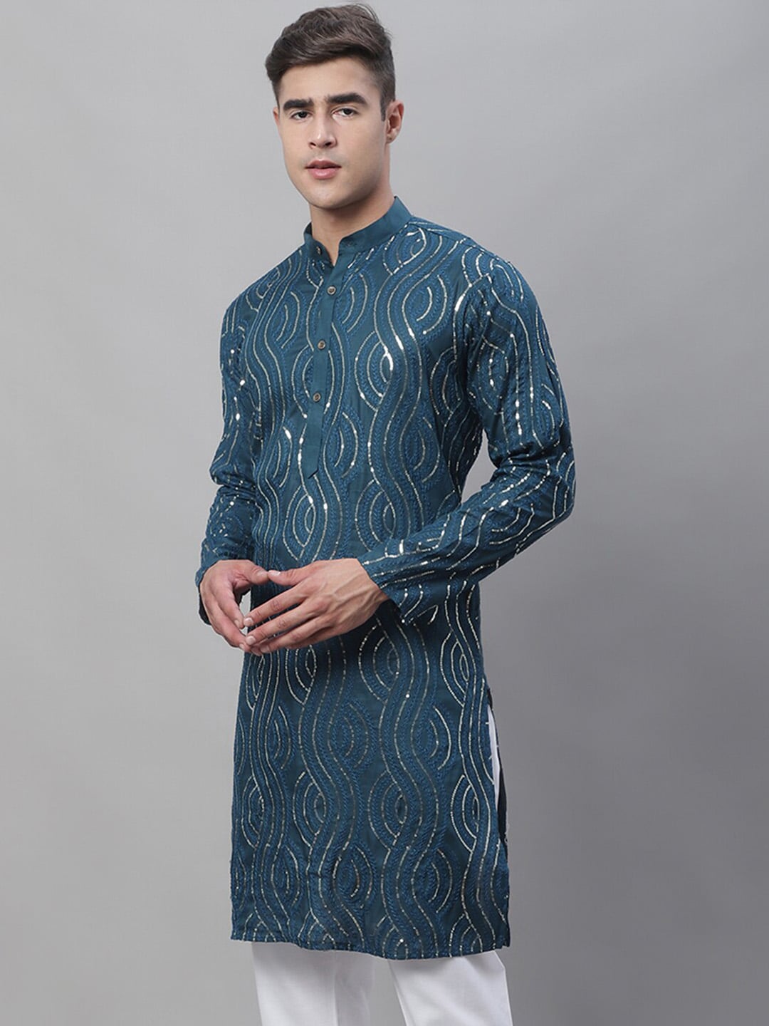 Sojanya Ethnic Motifs Embroidered Sequinned Pure Cotton Kurta | Swadesiicart