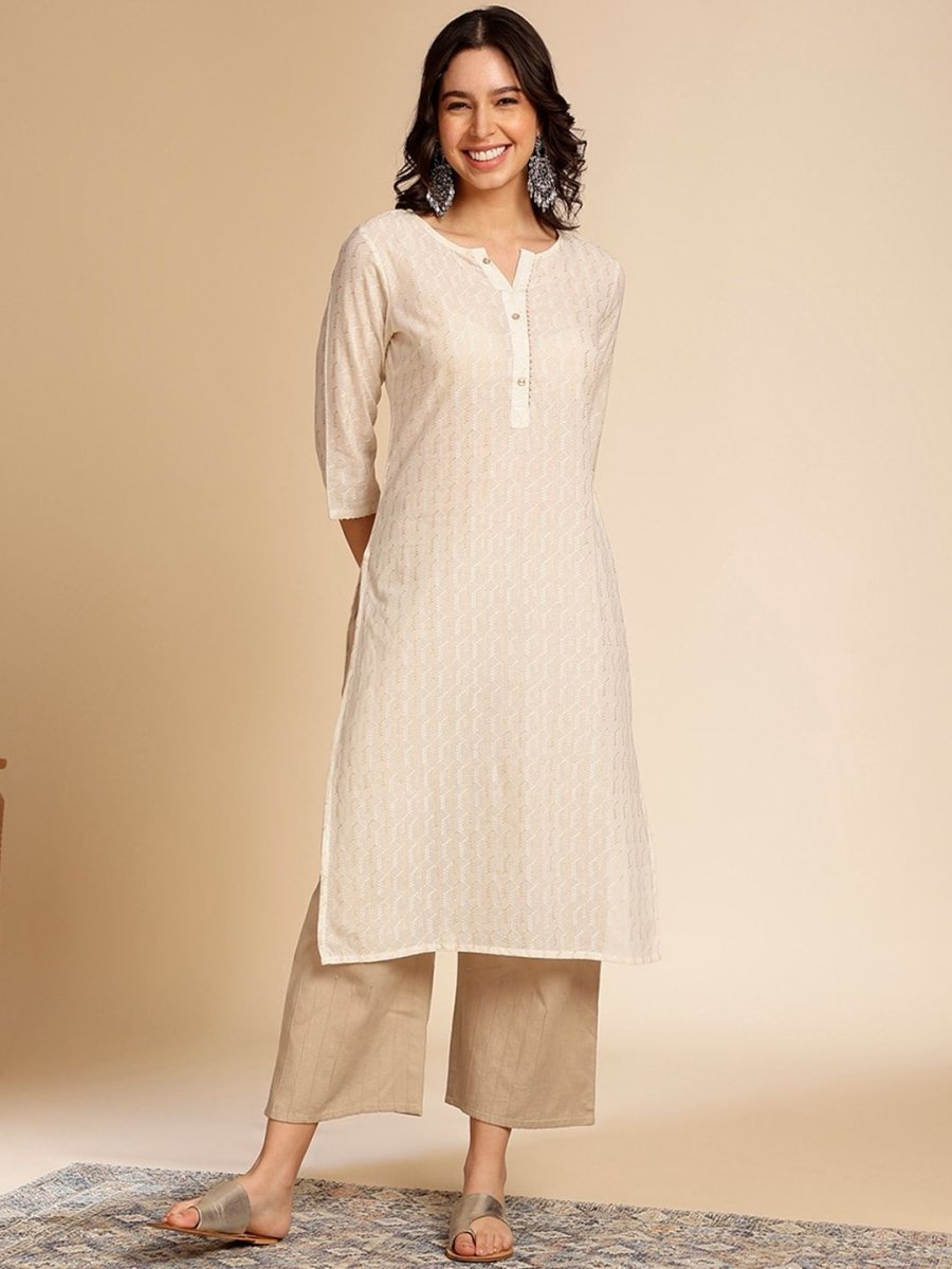 Anouk Off White Printed Mandarin Collar Cotton Straight Kurta - Swadesiicart