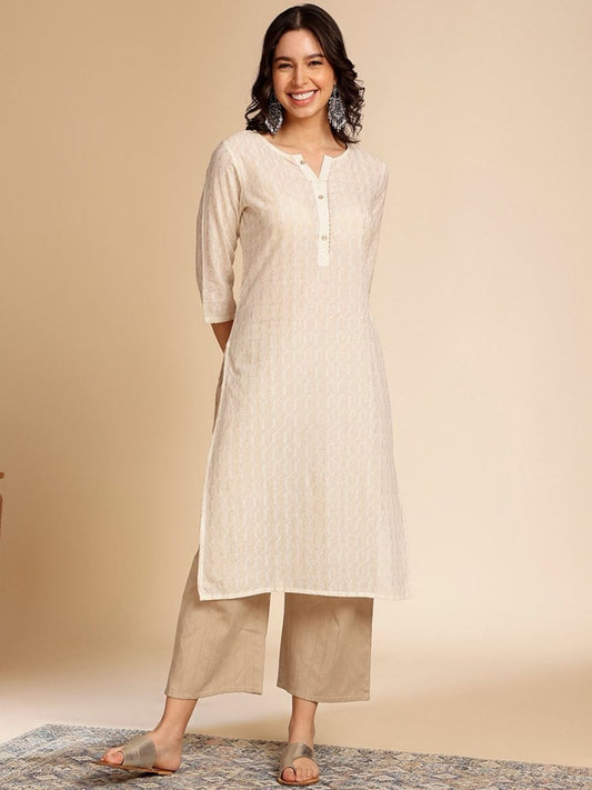 Anouk Off White Printed Mandarin Collar Cotton Straight Kurta - Swadesiicart