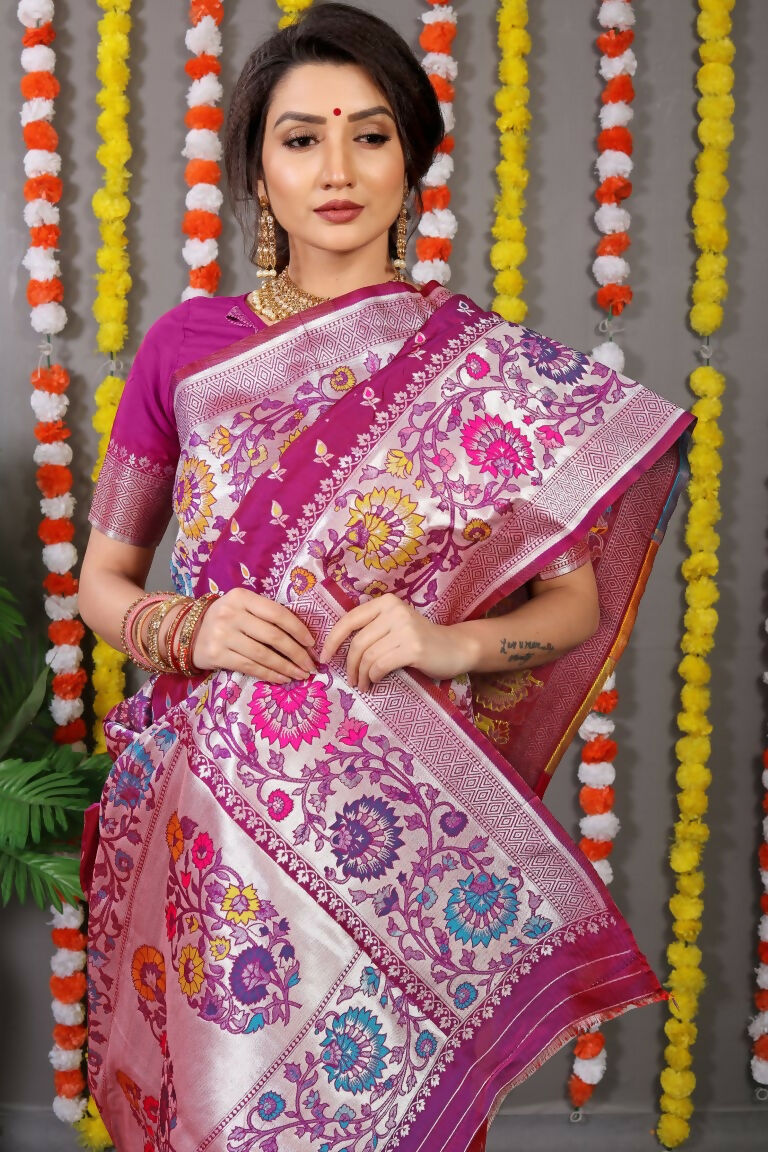 Jyoti Fashion Women's Magenta Banarasi Silk Zari Woven Saree with Blouse | Swadesiicart