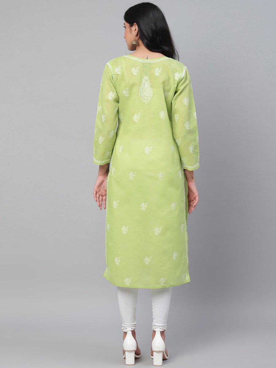 ADA Women Green & White Chikankari Hand Embroidered Straight Sustainable Handloom Kurta | Swadesiicart