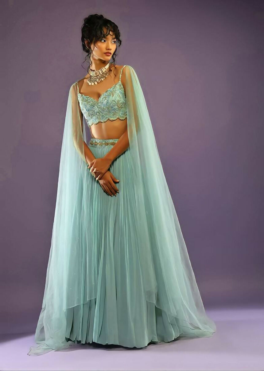 Jyoti Fashion Glamorous Turquoise Crush Work, Sequins, Zari with Dori Embroidered Faux Georgette Lehenga Choli with Dupatta | Swadesiicart