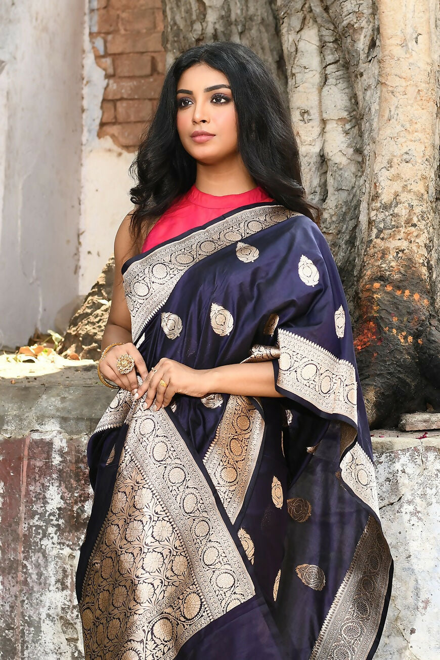 Joban Fashion Navy Blue Pure Katan Pure Handloom Banarasi Silk Saree | Swadesiicart