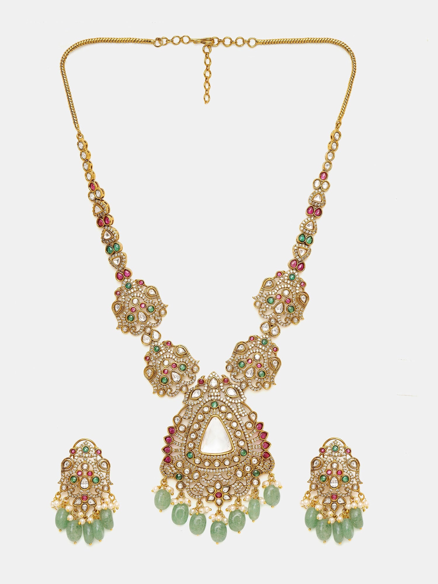 Ruby Raang 22k Gold Polished Long Kundan Heavy Maharani Necklace With Earrings | Swadesiicart