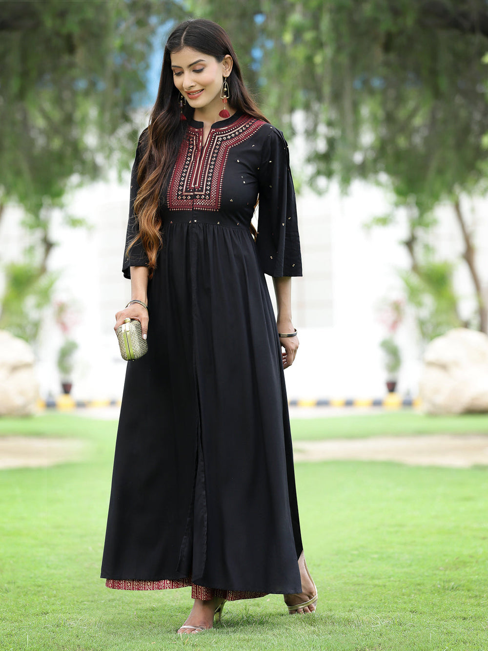 Juniper Women's Black Rayon Embroidered & Printed High-Slit Kurta Sets | Swadesiicart