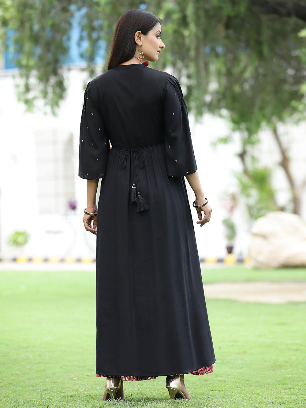 Juniper Women's Black Rayon Embroidered & Printed High-Slit Kurta Sets | Swadesiicart