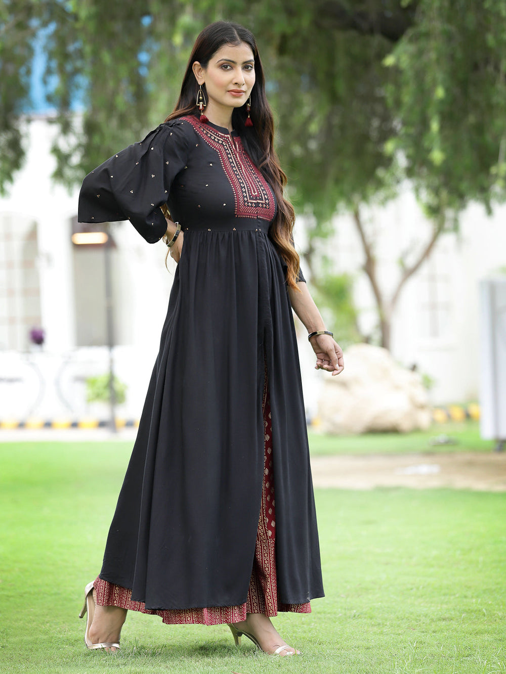 Juniper Women's Black Rayon Embroidered & Printed High-Slit Kurta Sets | Swadesiicart