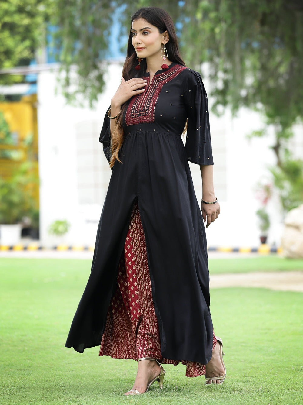 Juniper Women's Black Rayon Embroidered & Printed High-Slit Kurta Sets | Swadesiicart