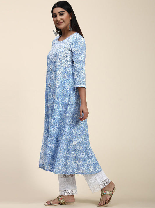 HOUSE OF KARI Floral Embroidered Chikankari Cotton Anarkali Kurta | Swadesiicart