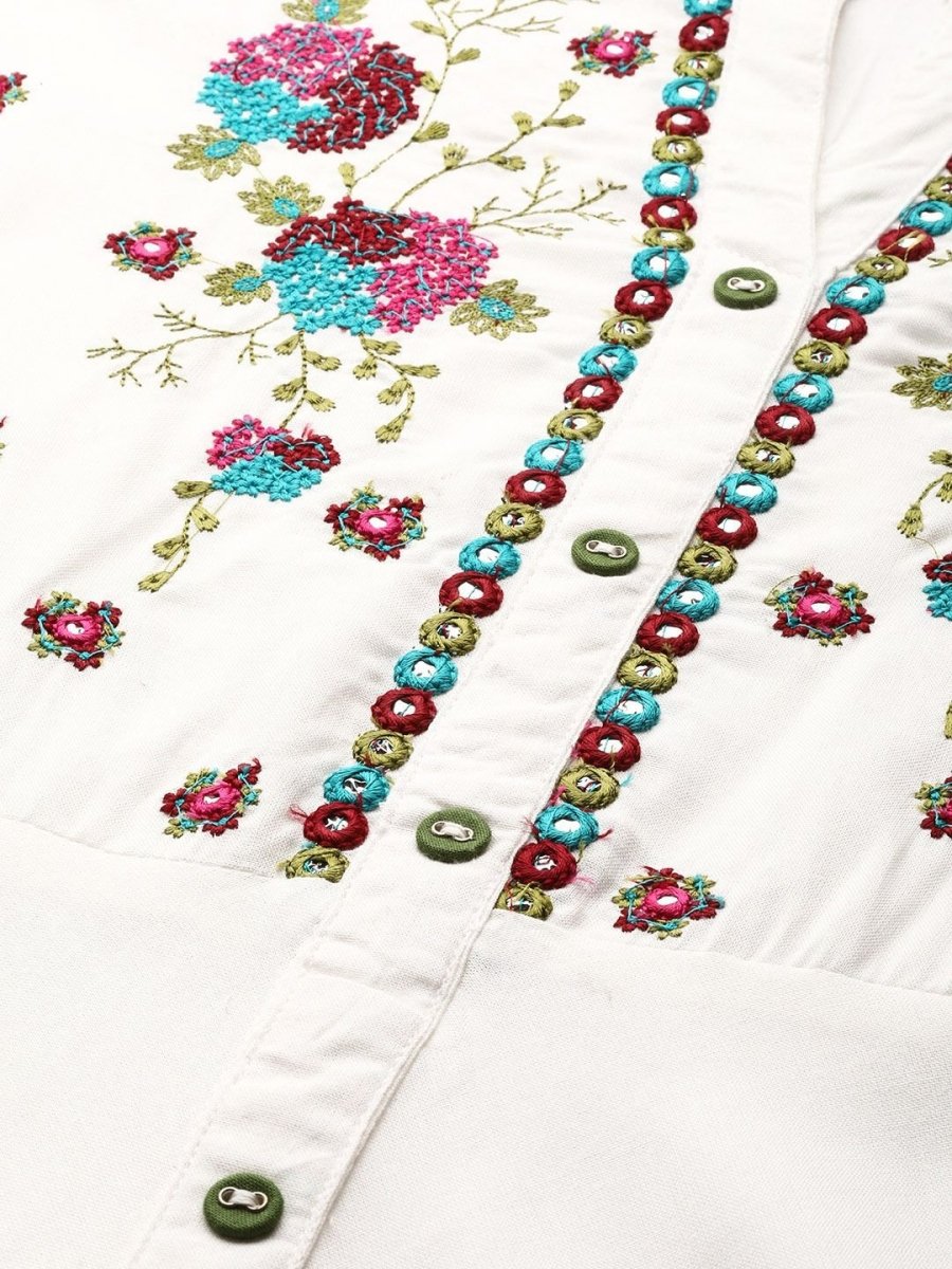 Anouk White Floral Yoke Design Mandarin Collar Mirror Work Cotton A-Line Kurta - Swadesiicart