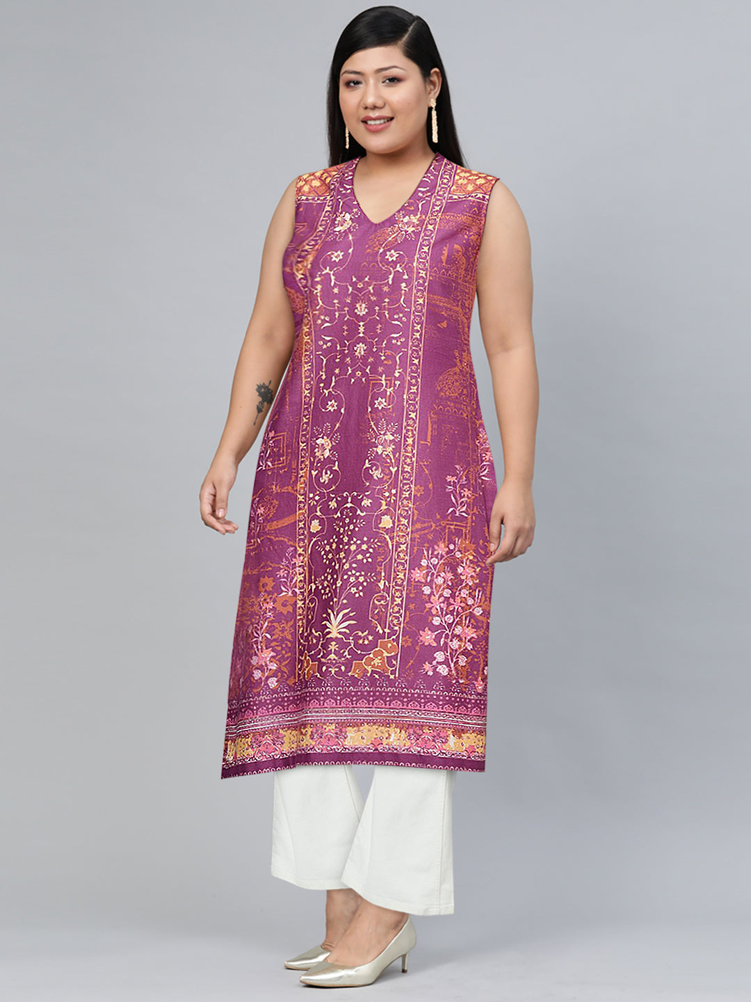 Biba Women Purple & Brown Pure Cotton Ethnic Motifs Printed V-Neck Sleeveless Kurta - Swadesiicart