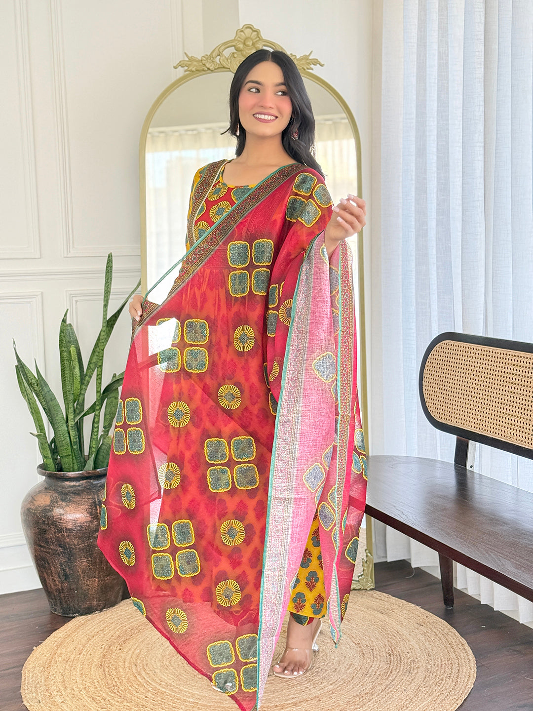 The52 Women's Gorgeous Rayon Printed Flared Kurta with Pant And Dupatta Set - Swadesiicart