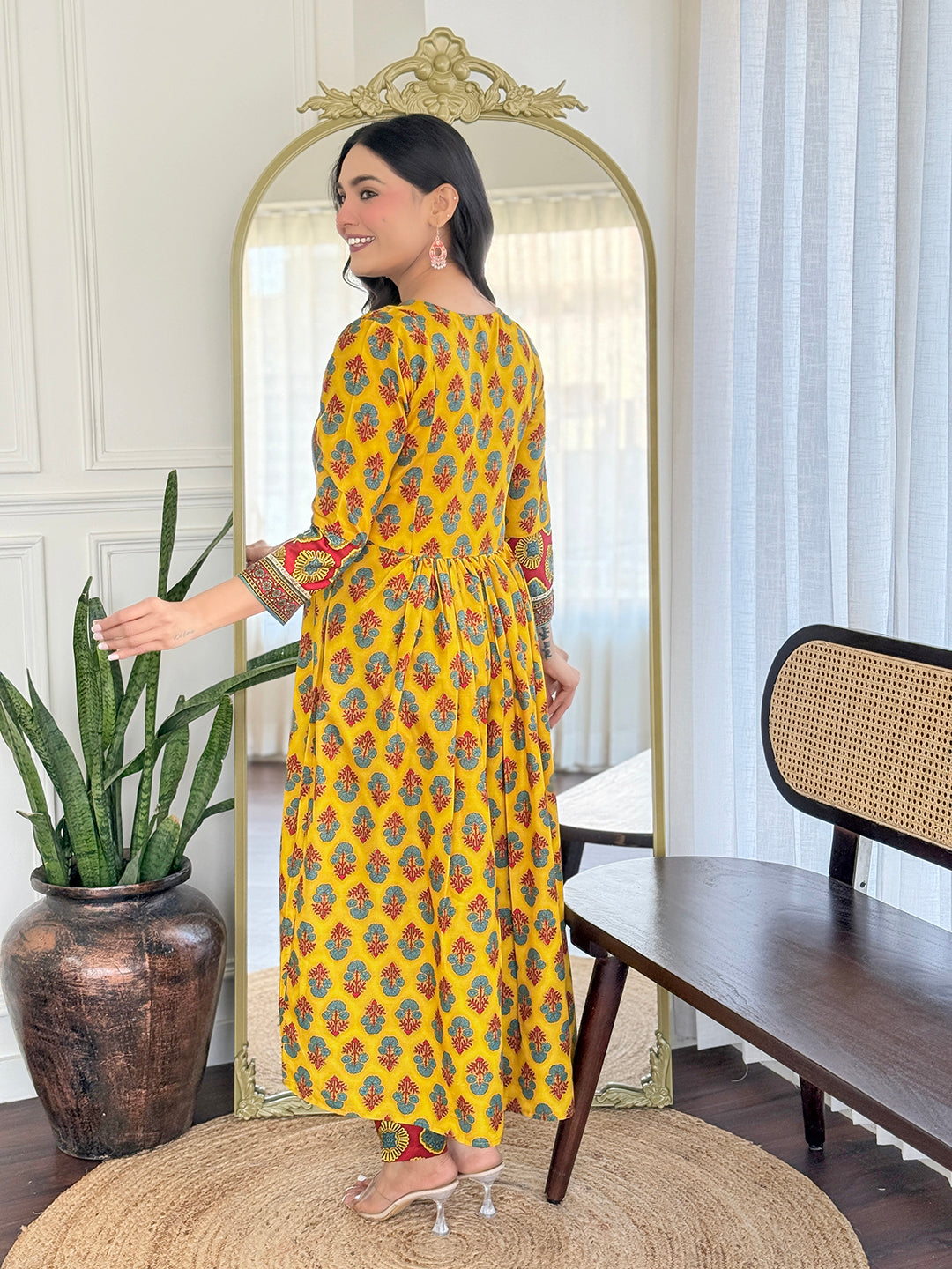 The52 Women's Gorgeous Rayon Printed Flared Kurta with Pant And Dupatta Set - Swadesiicart