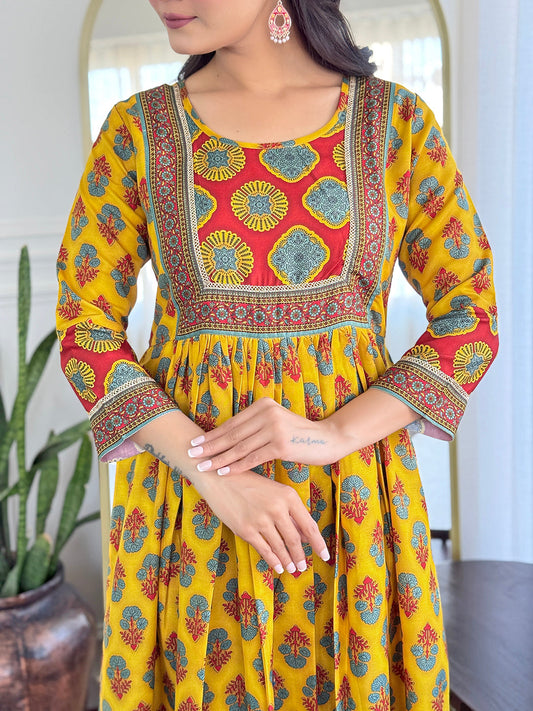 The52 Women's Gorgeous Rayon Printed Flared Kurta with Pant And Dupatta Set - Swadesiicart