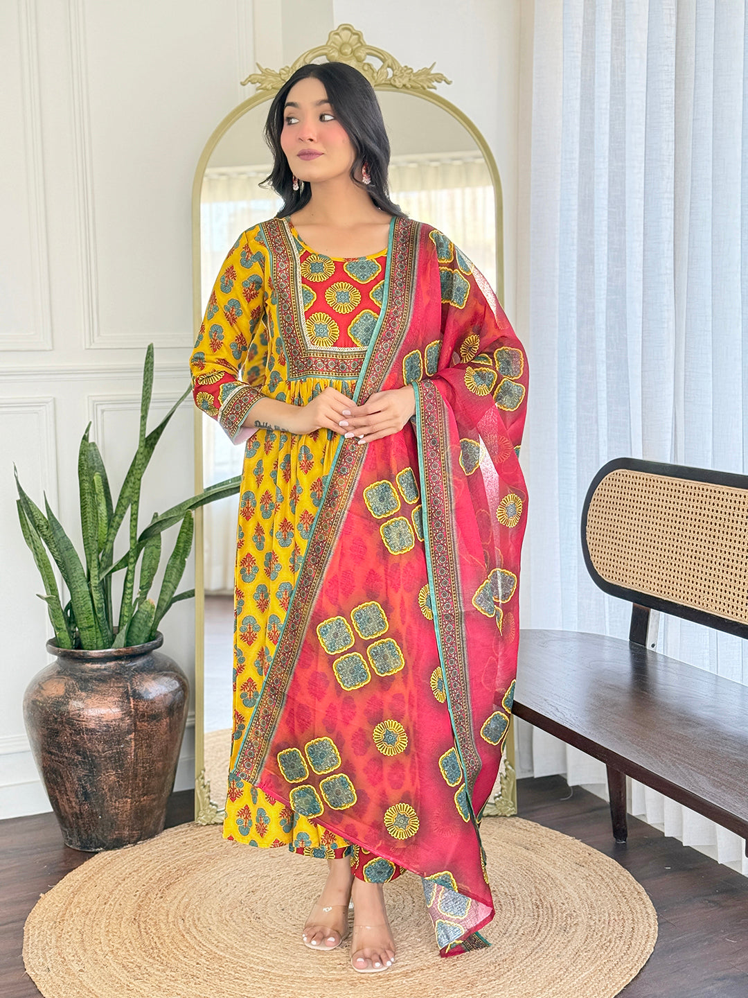 The52 Women's Gorgeous Rayon Printed Flared Kurta with Pant And Dupatta Set - Swadesiicart