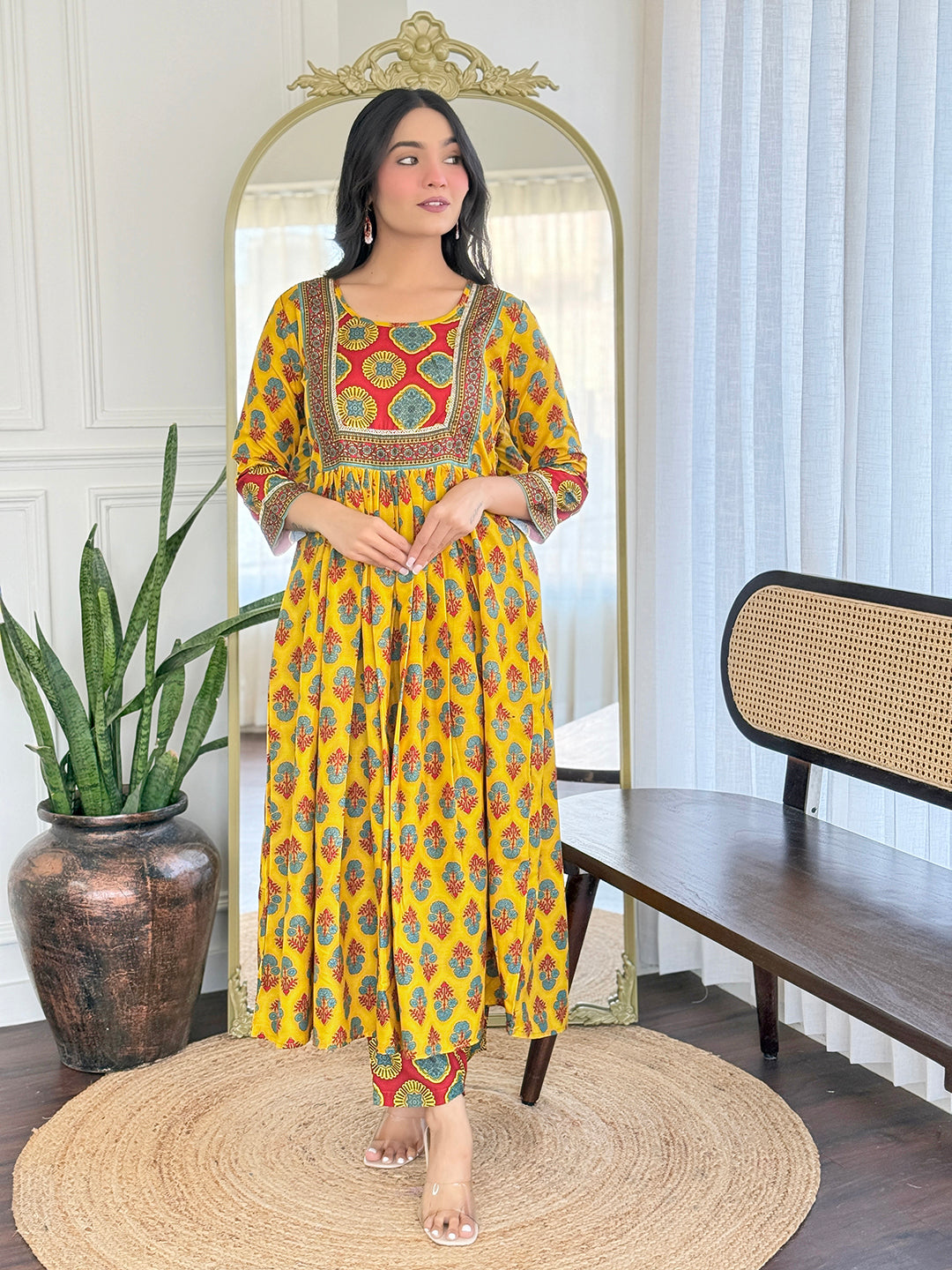 The52 Women's Gorgeous Rayon Printed Flared Kurta with Pant And Dupatta Set - Swadesiicart